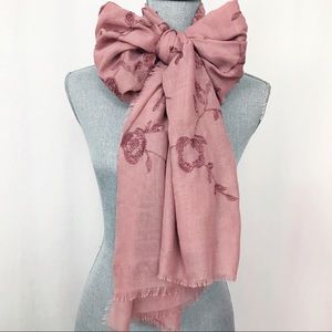 Landry Pink Floral Embroidered Frayed Hem Scrarf